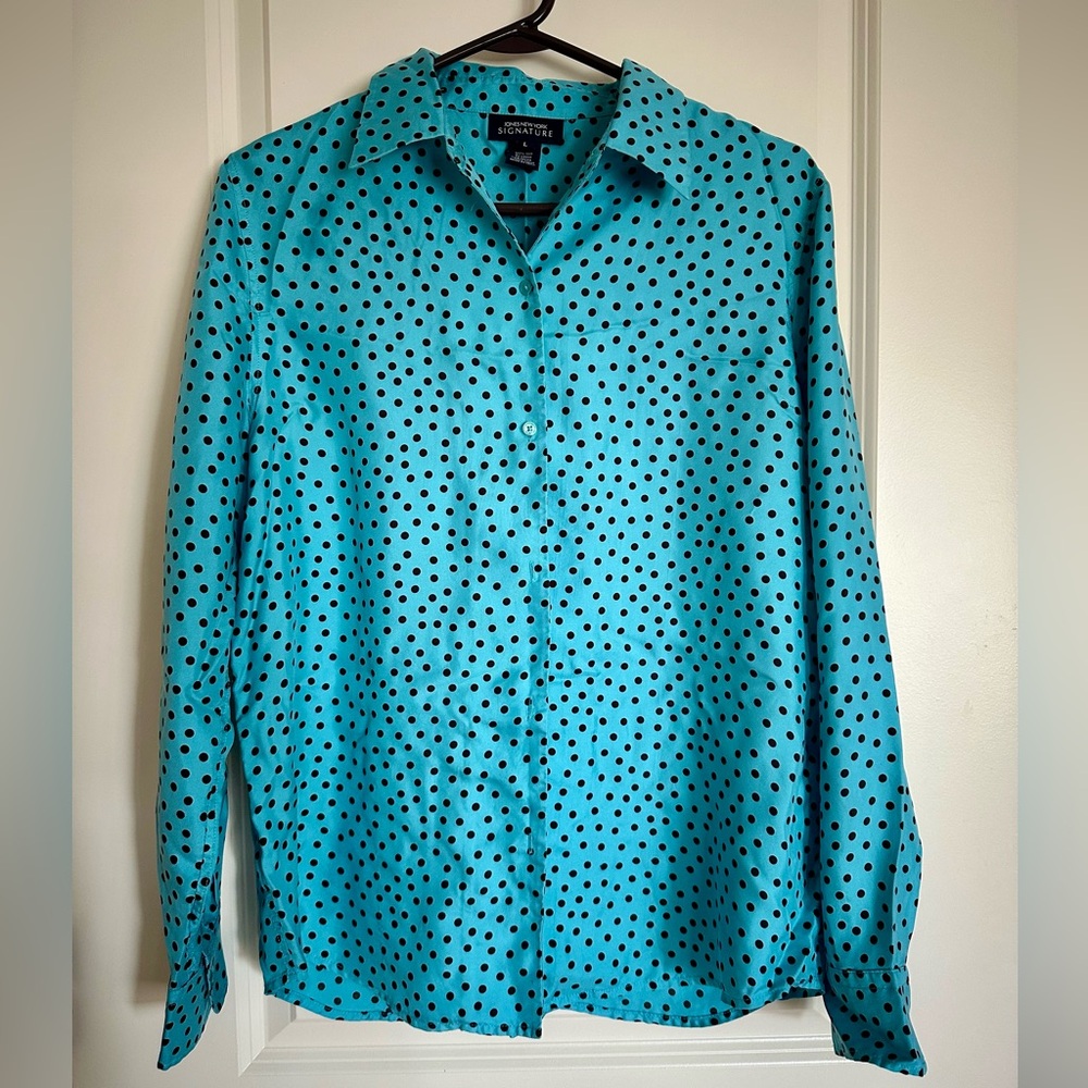 Jones NY Teal Polka Dot Silk Dress Shirt